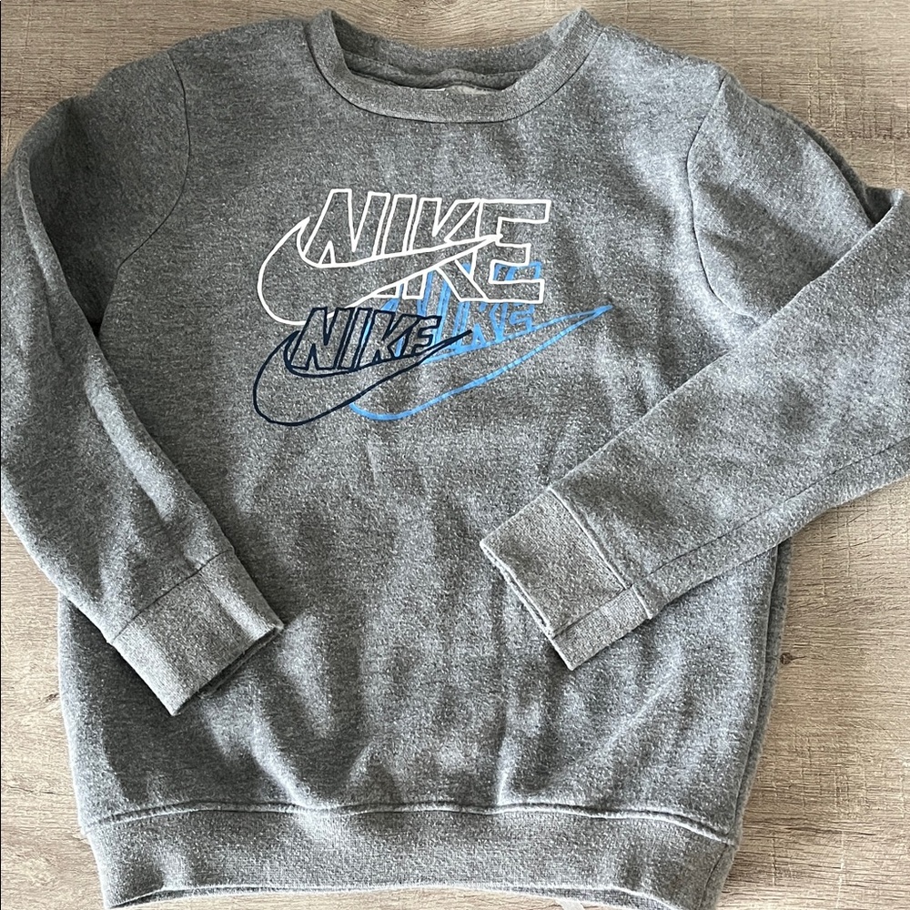 Nike Men's Gray Crewneck Sweater with Blue Logo